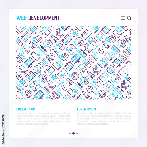 Web development concept with thin line icons of programming, graphic design, mobile app, strategy, artificial intelligence, optimization, analytics. Vector illustration for banner, web page.