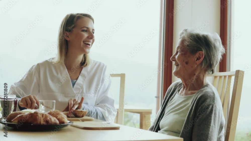 Health visitor and a senior woman during home visit. Health visitor and a senior woman during home visit.