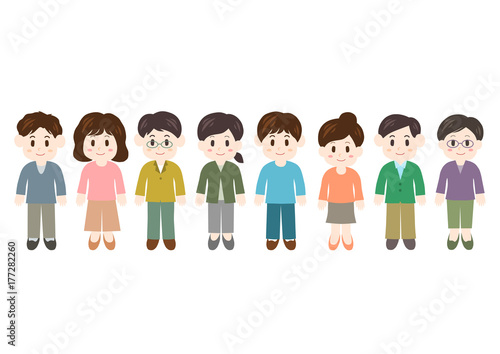一列に並んだ若い男女のイラスト