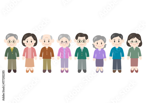 一列に並んだ中高年男女のイラスト