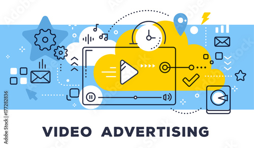 Video advertising concept on blue background with title. Vector illustration of video player and icons.