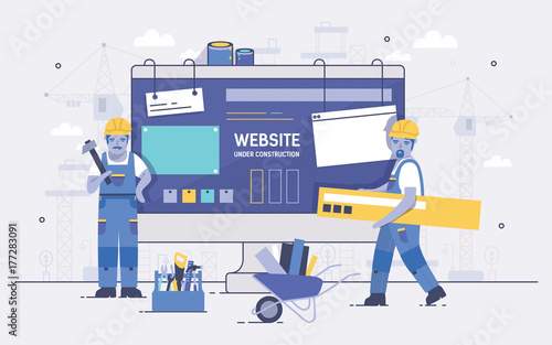 Two cartoon builders holding and carrying repair tools against computer screen on background. Concept of website under construction, web page maintenance or error 404. Colorful vector illustration.