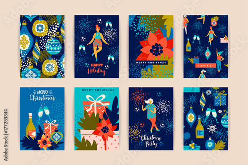 Christmas cards with dancing women and New Year s symbols.