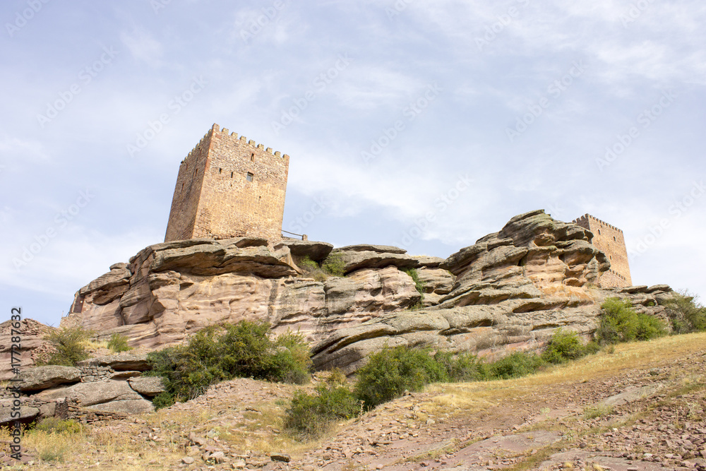 The Castillo de Zafra, a 12th-century castle built on a sandstone outcrop in Sierra de Caldereros, Campillo de Duenas, Castilla La Mancha, Spain