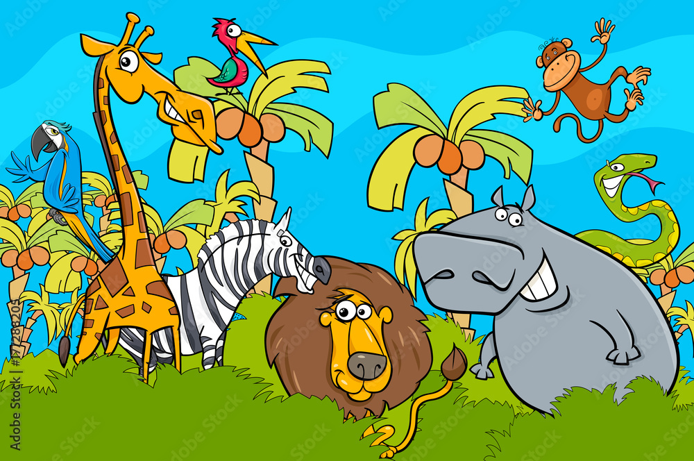cartoon safari wild animal characters group
