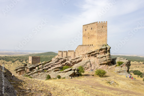 The Castillo de Zafra, a 12th-century castle built on a sandstone outcrop in Sierra de Caldereros, Campillo de Duenas, Castilla La Mancha, Spain photo
