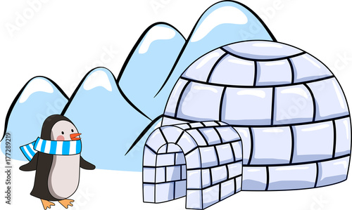 Cartoon vector illustration of an igloo and penguin with blue and white scarf on winter hills background