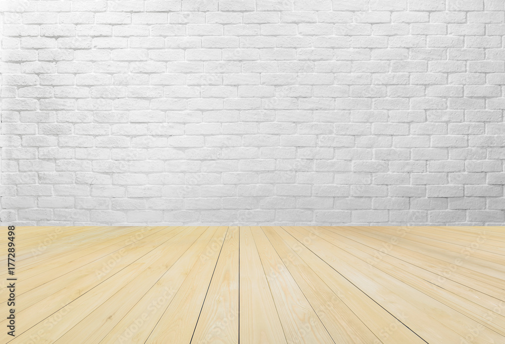 Abstract geometric white texture brick on the wall with wooden floor, interior background, Simple clean white background texture.
