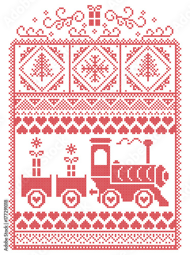 Elegant Christmas Scandinavian, Nordic style winter stitching, pattern including snowflake, heart, gravy train, Christmas tree, Christmas present, snow in red, white in decorative frame 
