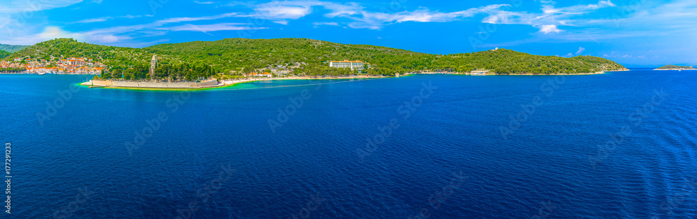 Vis island Croatia panorama. / Seafront coastline panorama at Vis island in summertime, well-known tourist resort in South of Croatia, Mediterranean.
