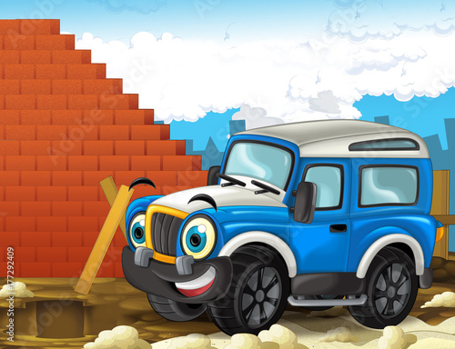 cartoon fast off road car driving through the construction site - illustration for children
