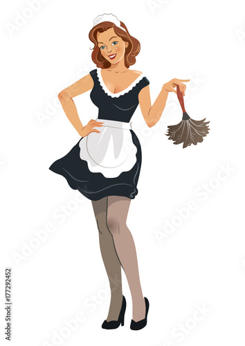 Vector illustration of a beautiful smiling young woman wearing french maid outfit with black dress and white apron, holding a feather duster, in vintage retro pinup girl style, isolated on white.