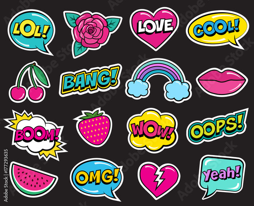 Cool modern colorful patch set on black background. Fashion stickers of cherry, strawberry, watermelon, lips, rose flower, rainbow, hearts, retro comic bubbles, stars . Cartoon 80s-90s pop art style