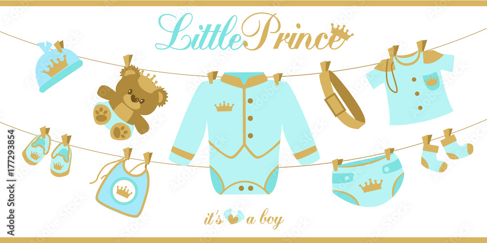 Royal baby boy shower card. Baby clothes hanging on a rope Royal baby boy shower card. Baby clothes hanging on a rope
