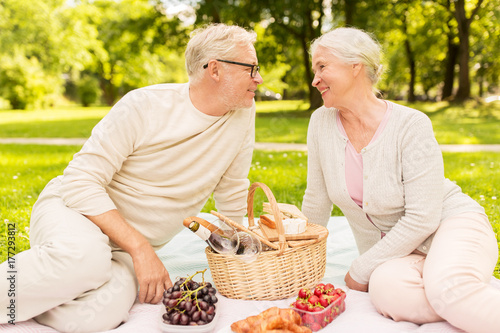 Konstfotografi happy senior couple having picnic at summer park