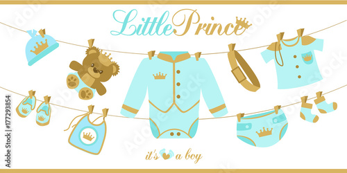 Royal baby boy shower card. Baby clothes hanging on a rope 