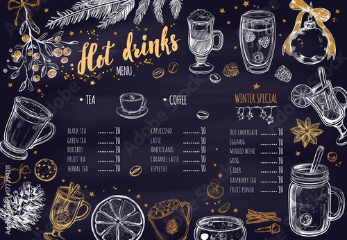 Hot drinks Winter Menu. Design template includes different hand drawn illustrations and Brushpen Lettering. Beverages, drinks and christmas elements. Mulled wine, Hot chocolate, Latte, Tea, Grog etc.