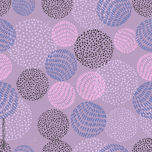 Hand drawn stylish modern violet color seamless abstract pattern with round shapes, scandinavian design style. Vector illustration
