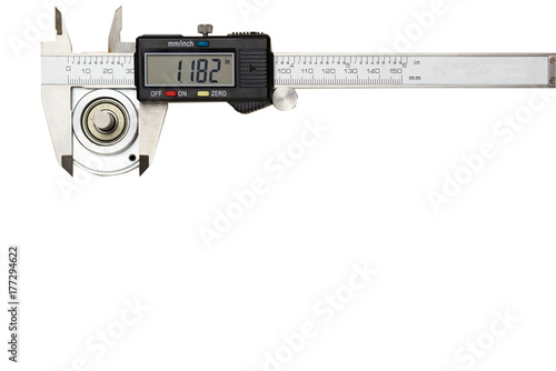 Digital caliper vernier mesuring the object isolated on white background