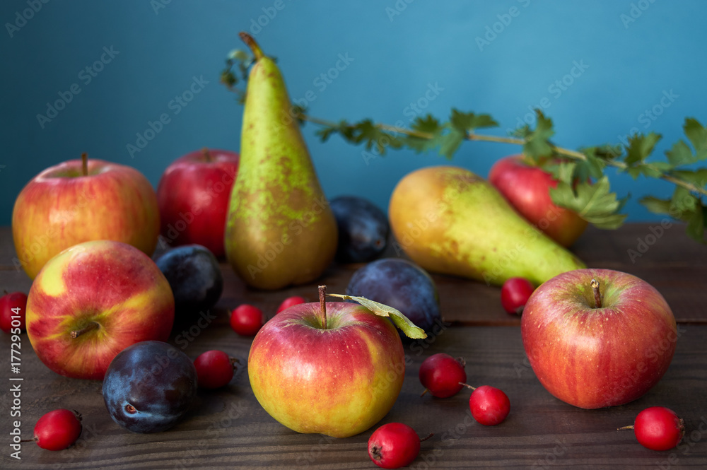 Autumn harvest. Pears, plums, apple, and leaves on the wooden table Autumn harvest. Pears, plums, apple, and leaves on the wooden table
