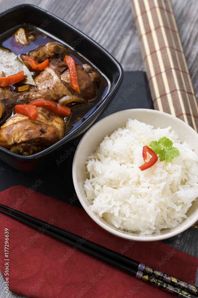 Chicken thighs in sauce Adobo. National filipino dish. Chicken thighs in sauce Adobo. National filipino dish.