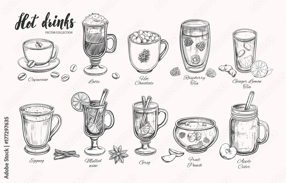 Fototapeta Hot drinks. Vector Christmas Winter collection. Different beverages in sketch style. Coffee, Tea, Mulled wine, Punch, Grog, Cider etc.