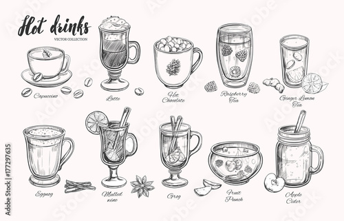 Hot drinks. Vector Christmas Winter collection. Different beverages in sketch style. Coffee, Tea, Mulled wine, Punch, Grog, Cider etc.