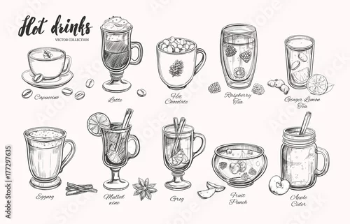 Obraz Hot drinks. Vector Christmas Winter collection. Different beverages in sketch style. Coffee, Tea, Mulled wine, Punch, Grog, Cider etc.