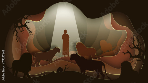 Daniel in the Lion's Den. Paper art. Abstract, illustration, minimalism.