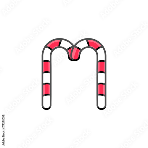 Letter M. Realistic Candy Cane Alphabet Symbol In Christmas Colours. New Year Letter Textured With Red, White. Typography Template. Striped Craft Isolated Object. Xmas Art