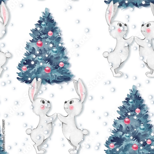 Christmas pattern. Watercolor seamless pattern with bunny 3