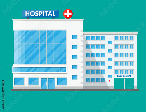 Hospital building, medical icon.