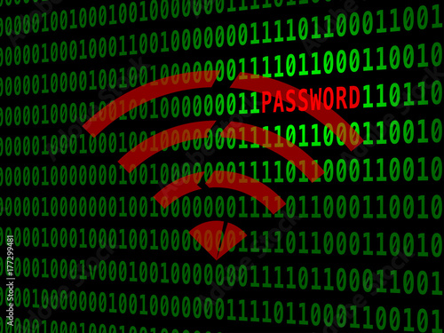 The Key Reinstallation Attack (KRACK), Wi-Fi security flaw symbol on green binary code background.