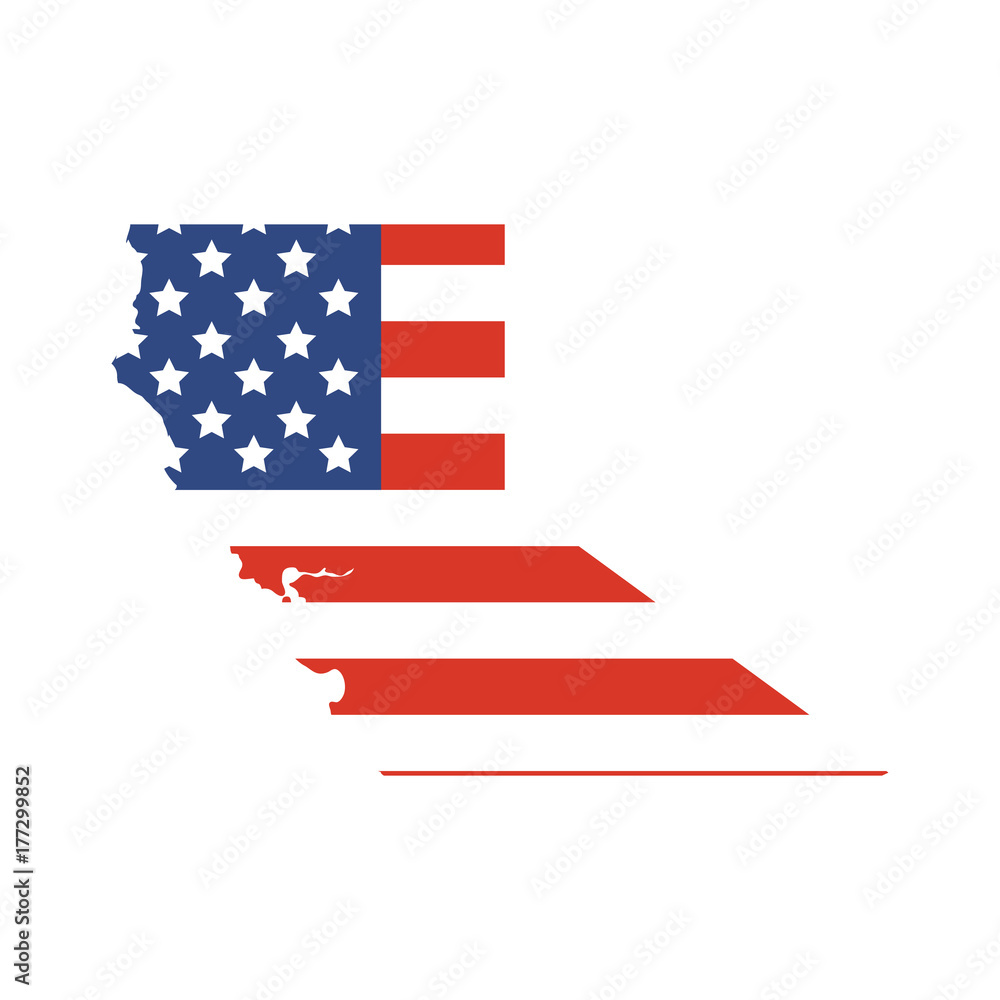 California map silhouette with the The flag of the United States of America, often referred to as the American flag. California map silhouette with the The flag of the United States of America, often referred to as the American flag.