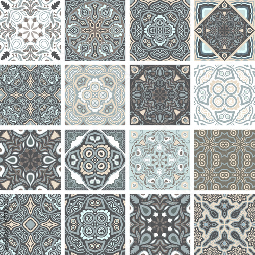 Traditional ornate portuguese decorative tiles azulejos. Abstract background. Vector hand drawn illustration, typical portuguese tiles, floral patchwork design. Moroccan or Mediterranean square tiles.