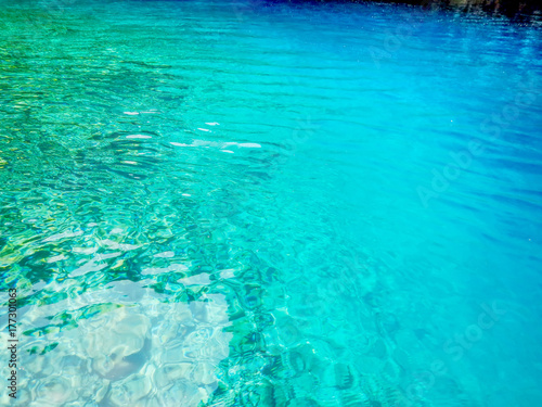 The turquoise water of the underground Melissani lake in Cephalonia or Kefalonia in Greece. Suitable to be used like a background. HDR effect.