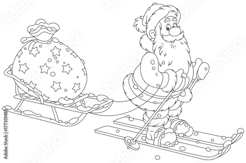 Santa Claus skiing and carrying his bag of Christmas gifts on his sledge