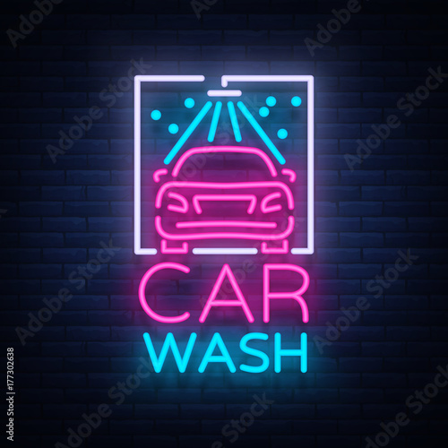 Car wash logo design emblem in neon style vector illustration. Template, concept, luminous sign on the theme of washing cars
