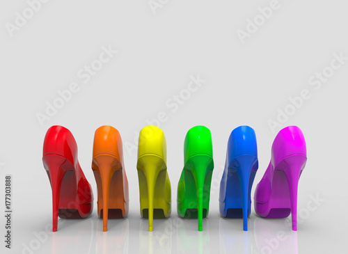 3d rendering. pair of different color highheels in LGBT concept on gray background