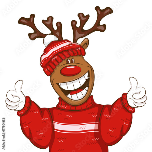 Happy deer showing ok sign. Illustration on white background. Christmas vector isolated on white for you design.