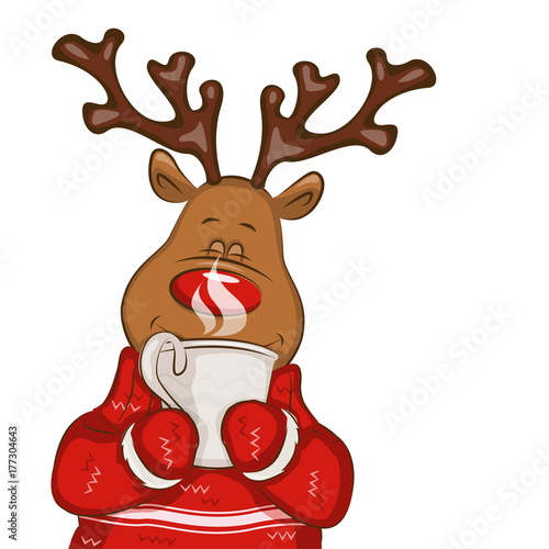 Illustration with cartoon Christmas deer. It's holds a mug of hot tea in his ...