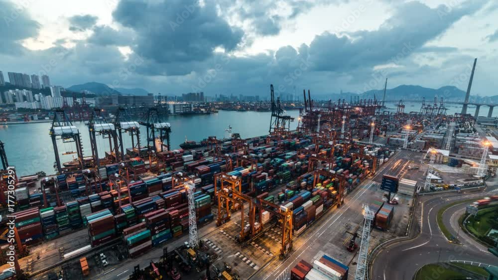 Time lapse of Hong Kong Container Terminal from night to day,sunrise time