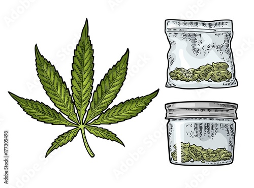 Glass jar and plastic bag for smoking cannabis. Engraving
