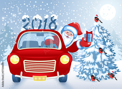 Christmas card with Santa Claus in red car with gift box against winter forest background and moon sky
