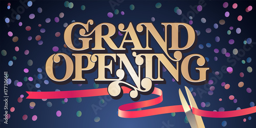 Grand opening vector illustration, background with golden lettering sign and scissors cutting ribbon