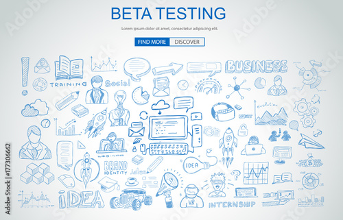 Beta Testing concept with Business Doodle design style: online audience, tester groups,test phases