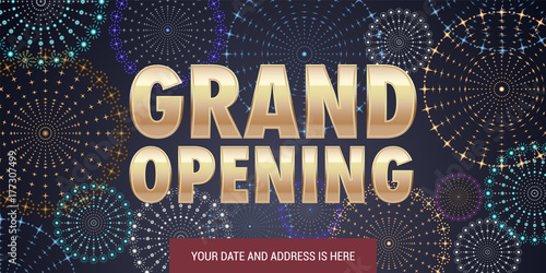 Grand opening vector illustration, background for new store, etc with firework. Template banner, design element for opening event, red ribbon cutting ceremony
