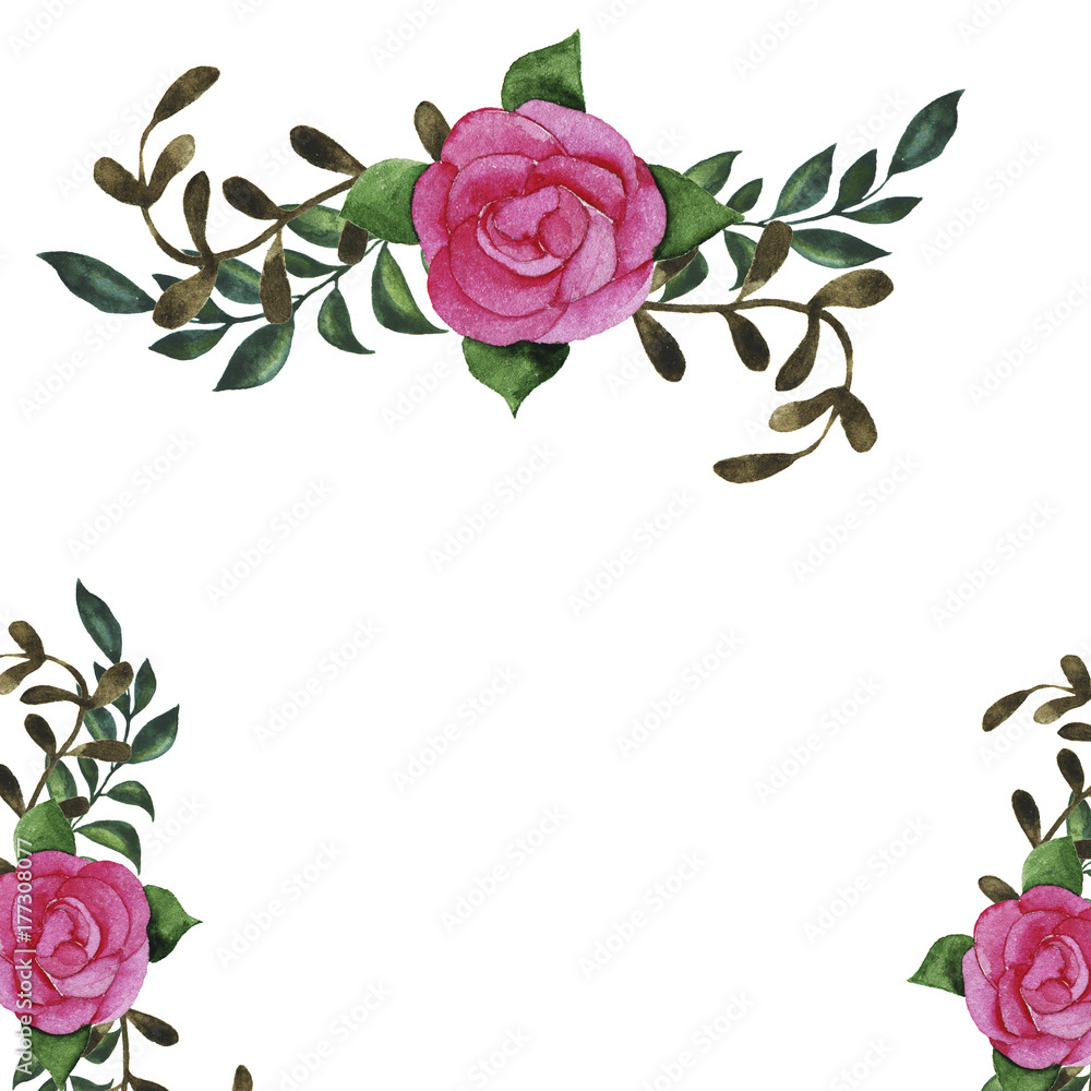 Pink rose flower greeting card or wedding invitation design. Hand drawn watercolor illustration.
