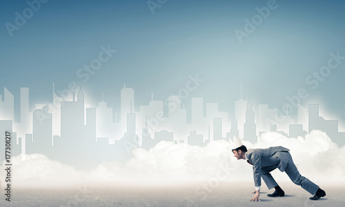 Wallpaper Mural King businessman in elegant suit running and blue cityscape silh Torontodigital.ca