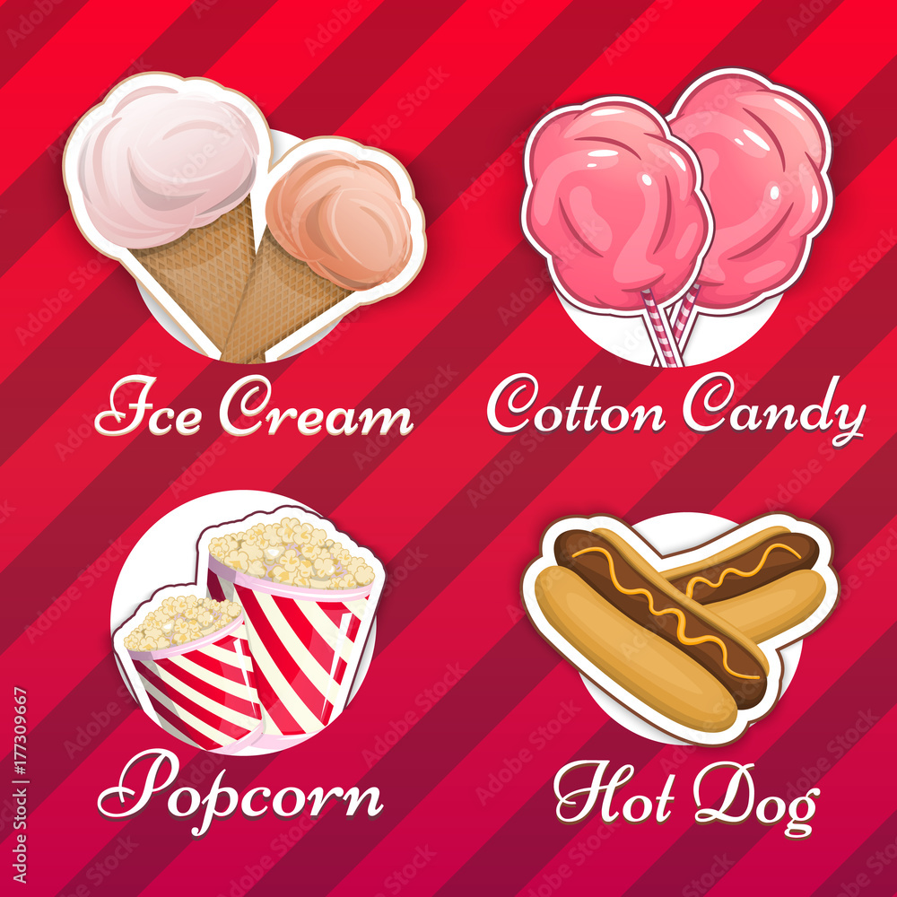 Popcorn, Ice cream, Cotton candy, Hot dog, a set of logos for your